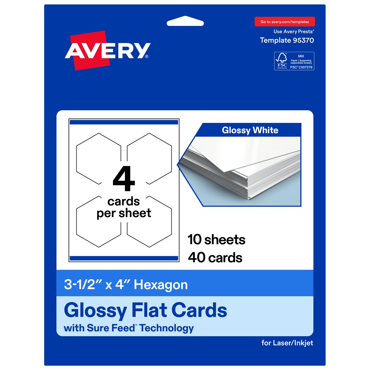 Avery Printable Hexagon Flat Cards, Sure Feed Technology, 3-1/2" x 4", Glossy White Cardstock, Print-to-The-Edge, Laser/Inkjet Printable, 100 Total